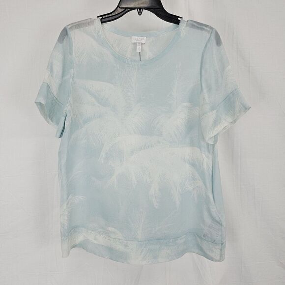 Escada Sport Light Blue Shear Palm Print Tee Shirt Blouse Women's Size 36 - Picture 1 of 7